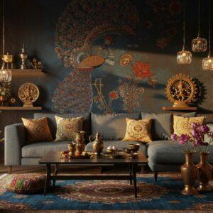A luxurious modern living room seamlessly blending contemporary and traditional Indian elements, bathed in warm golden sunlight streaming through large windows. The focal point features an ornate Madhubani-style peacock wall mural in deep indigo, maroon, and gold. A sophisticated gray sectional sofa adorned with silk cushions featuring intricate zari embroidery in peacock motifs. Brass artifacts, including a traditional lamp and Nataraja statue, strategically placed on sleek floating shelves. The coffee table displays a collection of hand-painted ceramics in jewel tones. A large mandala-patterned area rug in muted gold and deep blue anchors the space. Crystal pendant lights cast intricate shadows on the walls. Fresh lotus flowers in a copper vase add life to the scene. The composition includes subtle elements like flowing sheer curtains in sunset orange, creating an ethereal atmosphere. The overall aesthetic maintains a perfect balance between minimalist modern design and rich Indian artistic heritage, with careful attention to color harmony and spatial arrangement. Photorealistic 3D rendering with cinematic lighting, emphasizing texture and depth.