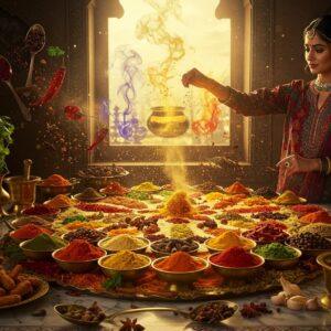 A mesmerizing kitchen scene with golden morning light streaming through an ornate Indian window, illuminating a rich array of whole spices arranged in traditional brass and copper vessels. In the center, an elaborate mandala-like pattern made entirely of vibrant spices - turmeric yellow, cardinal red of chili, deep brown of cinnamon, emerald green cardamom pods, and black peppercorns. Rising from this spice mandala are ethereal, colorful smoke wisps forming the silhouettes of classic Indian dishes. A modern Indian woman in a contemporary fusion outfit with traditional jewelry gently sprinkles spices, creating sparkles of gold dust in the air. The scene is set on a polished marble counter with intricate Madhubani-style borders. Floating brass spoons, mortar and pestles, and fresh herbs create a magical, surreal quality. The lighting is warm and mystical, with specks of light dancing through the spice dust. The color palette focuses on rich Indian spice tones - saffron, turmeric gold, deep maroon, and forest green, with modern metallic accents. Hyperrealistic digital art style with magical realism elements.