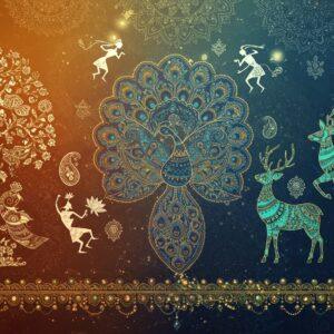 A mesmerizing Indian folk art panorama showcasing multiple art forms seamlessly blending together: A central Madhubani peacock with intricate patterns in vibrant indigo and gold, surrounded by Warli tribal figures dancing in white against an earthy terracotta background. To the left, a Kalamkari tree of life with detailed peacocks and flowers in natural dyes. To the right, a Gond art deer composed of detailed geometric patterns in turquoise and copper. The foreground features a Tanjore-style golden border with embedded gemstones. Floating lotus flowers and paisley patterns connect the different art styles. The background shows a gradient from deep saffron to midnight blue, with delicate gold mandala patterns. Soft ethereal light illuminates the scene from above, creating a mystical atmosphere. The composition includes intricate dotwork, spirals, and traditional motifs rendered in a modern digital aesthetic with high contrast and rich textures. Style combines traditional Indian folk art with contemporary digital art techniques, 8k resolution, cinematic lighting.