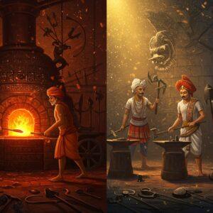 A split panoramic scene: on one side, an ancient Indian metallurgist in traditional dhoti, expertly forging iron in a sophisticated furnace decorated with Harappan-style patterns, surrounded by ornate iron tools and weapons with Sanskrit inscriptions. The furnace glows with intense orange-red heat, casting dramatic shadows. On the other side, international iron workers - a Roman blacksmith, Chinese craftsman, and African metalworker, each with their distinct cultural attire and tools. The background features intricate Madhubani-style patterns depicting iron age motifs - chariots, weapons, and agricultural tools. The scene is illuminated by ethereal golden light with floating sparks. Subtle mandalas made of interconnected metalwork float in the atmosphere. The color palette combines deep rust reds, molten oranges, and metallic grays with touches of peacock blue in the patterns. The style merges hyperrealistic metalwork details with traditional Indian art elements, creating a surreal, mystical atmosphere. The scene is viewed through a dreamlike haze with floating metal particles catching the light.
