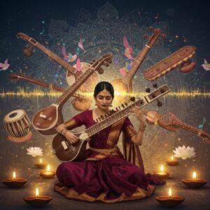 A mystical scene featuring an ethereal Indian classical musician playing a golden sitar in the foreground, her fingers delicately positioned on the strings, wearing a flowing deep maroon silk saree with intricate gold border. Behind her, multiple transparent layers show different Indian musical instruments - tabla, veena, flute, and tambura - each emanating colorful sound waves in patterns of traditional Madhubani art style. The background features a large, ornate mandala in peacock blue and gold, with musical notes transformed into flying birds. Floating lotus flowers in soft pink and white create a circular pattern around the musician. The scene is illuminated by warm, glowing diyas creating a soft, spiritual atmosphere. Traditional Indian motifs and patterns are woven throughout in a modern, digital art style. The color palette includes deep maroon, gold, peacock blue, and soft pastel pink. The overall composition suggests movement and flow, with subtle hints of sacred geometry in the background. The lighting is dreamy and ethereal, with golden light rays emerging from the instruments. The scene should appear both traditional and contemporary, merging classical elements with modern digital art techniques.