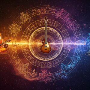 A mesmerizing visual timeline spiraling through space, featuring ethereal Indian musicians and instruments transforming from ancient to modern. At the center, a glowing golden Veena morphs into an electric guitar, with intricate Madhubani-style patterns flowing along its strings. Around it, multiple scenes blend seamlessly: an ancient sage playing a rudra veena in a traditional temple setting with warm saffron lighting, transitioning into a modern Indian musician with synthesizers surrounded by neon lights. Floating musical notes take the form of peacocks and lotus flowers. The background features a large mandala pattern with concentric circles showing evolution of musical instruments - from tabla to drums, flute to saxophone. The color palette transitions from deep traditional maroons and peacock blues in the classical section to vibrant modern hues in the contemporary portion. The scene is illuminated by soft, ethereal light with sparkles of gold dust. Indian classical dance mudras float as golden silhouettes, while modern dance moves create dynamic energy streaks. The composition maintains surreal, dreamy quality with swirling ragas visualized as colorful energy waves, merging traditional motifs with modern digital elements.