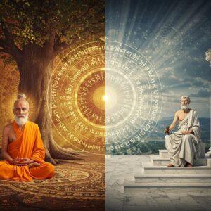 A stunning symmetrical composition split into two halves - on the left, an Indian sage in saffron robes seated in padmasana under a sacred Bodhi tree with intricate Madhubani-style patterns, surrounded by concentric mandala patterns in gold and deep maroon. On the right, a Greek philosopher in white toga seated on marble steps beside Doric columns. The center features a glowing golden yin-yang-inspired design where both worlds merge, with Sanskrit scripts flowing from the Indian side and Greek letters from the Western side, transforming into ethereal light trails. The Indian half shows warm, earthy colors with peacock blues and saffron, while the Western half uses cool marble whites and Mediterranean blues. Floating sacred geometry patterns in gold overlay the entire scene. The lighting is dramatic with divine rays streaming down, creating a mystical atmosphere. The art style combines hyperrealistic digital rendering with traditional Indian art motifs, featuring intricate details and a surreal, dreamlike quality. The composition suggests balance, harmony, and the meeting of two great intellectual traditions.