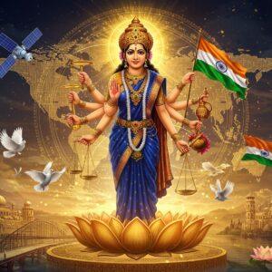 A majestic digital illustration showing Mother India as a regal Indian woman in a flowing deep blue and gold saree, standing on a golden lotus platform. She has multiple arms, each engaging in different diplomatic gestures - one hand holding a satellite symbolizing technology, another extending in friendship, one holding the Indian flag, and another balancing trade scales. Her face is serene and confident, adorned with traditional Indian jewelry. Behind her, a large circular mandala forms a glowing backdrop, seamlessly incorporating modern circuit board patterns with traditional Madhubani designs. The mandala transitions into a world map with India at the center, showing golden light threads connecting to major global capitals. The foreground features stylized symbols of international cooperation - a modern glass and steel bridge merging with traditional Indian architecture, peaceful doves with olive branches, and floating lotus flowers in the colors of the Indian flag. The scene is illuminated by a combination of warm golden light and modern blue digital glows. The art style combines hyperrealistic digital rendering with traditional Indian Pattachitra patterns, creating a harmonious blend of ancient and modern elements. Atmospheric effects include subtle sacred geometry patterns and floating light particles.