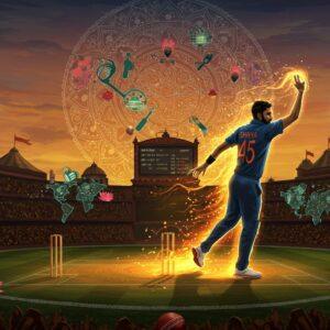 A dynamic scene of a majestic cricket stadium at dusk, rendered in rich Indian art style with intricate Madhubani patterns. The stadium's architecture features traditional Indian temple-inspired elements with modern aesthetics. In the foreground, a larger-than-life Indian cricketer in the iconic blue jersey, captured mid-action in bowling stance, his silhouette glowing with golden energy. The cricket ball in his hand emanates trails of saffron and white light. Behind him, a massive mandala-styled scoreboard illuminates the sky, its patterns incorporating cricket symbols like bats, balls, and stumps. The stadium's field transforms into a mystical map of the world, with glowing points marking different venues, connected by streams of peacock blue light. Floating lotus flowers and contemporary cricket equipment intertwine in the corners. The scene is bathed in a surreal combination of stadium floodlights and warm sunset hues, creating dramatic shadows and highlights. Intricate Pattachitra-style patterns form the boundary ropes, while the crowd is depicted as a flowing, abstract pattern of gold and deep maroon. The atmosphere suggests both spiritual energy and sporting excitement, with hints of glowing cricket statisticks forming sacred geometrical patterns in the sky.
