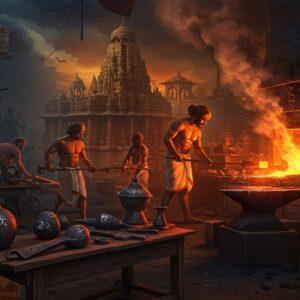 A dynamic scene showcasing ancient Indian ironworkers in a traditional forge, with muscular craftsmen wearing dhoti, their skin glowing against the dramatic orange-red light of molten iron. In the foreground, intricately designed iron tools and weapons with Vedic patterns are displayed on a weathered wooden table. The background features a grand temple structure being constructed using iron tools, with scaffolding visible. The scene transitions from ancient to modern through a spiral design, showing modern steel structures emerging from the ancient forge. The composition includes traditional Madhubani-style border patterns in rust-red and gold, with small vignettes showing farming tools, chariots, and architectural elements. Mystical smoke tendrils form mandala patterns in the air, while sparks from the forge create a constellation-like effect. The lighting is dramatic with deep oranges and golds contrasting with deep blues and blacks. The scene should be rendered in a style blending hyperrealistic details with traditional Indian art motifs, featuring rich textures and metallic highlights.