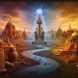 A majestic scene depicting ancient India merging into modern times: In the foreground, intricate Harappan seals and artifacts blend into illuminated medieval temple architecture. The Ashoka pillar stands prominently, its lions gleaming in golden light. A flowing river resembling the Ganges winds through the composition, transforming from ancient waters to modern reflections. Traditional Madhubani-style patterns frame the scene, featuring peacocks, lotus flowers, and sacred geometry. The color palette transitions from deep earthy terracotta and bronze of ancient civilizations to vibrant saffron, royal blue, and emerald green representing modern India. Floating mandalas and sacred symbols appear as ethereal, glowing elements. The background showcases iconic architectural elements - from the geometric precision of Harappan cities to the ornate domes of medieval temples. Soft, mystical lighting creates a dreamlike atmosphere, with rays of golden light filtering through the scene. The art style combines hyperrealistic architectural details with stylized traditional Indian art elements, featuring detailed textures, metallic accents, and a surreal, spiritual quality.