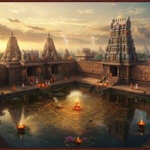A magnificent aerial view of an ancient Indian temple complex at golden hour, featuring intricate Dravidian architecture with towering gopurams adorned with detailed sculptures of deities. The foreground shows a grand stone-carved mandala pattern inlaid with golden highlights. Sacred lotus flowers float in a reflective pool, creating perfect mirror images. Soft rays of divine light pierce through mystical clouds, illuminating the temple's spiritual essence. The scene includes devotees in traditional attire performing ritual circumambulation. Intricate Madhubani-style patterns frame the composition, incorporating peacocks, elephants, and traditional motifs in deep maroon, saffron, and peacock blue. The atmosphere is enhanced by floating diyas, their flames creating a ethereal glow, while incense smoke swirls create mystical patterns in the air. The art style combines photorealistic architectural details with surreal lighting and traditional Indian art elements, rendered in high-definition digital art with careful attention to cultural accuracy and spiritual symbolism.