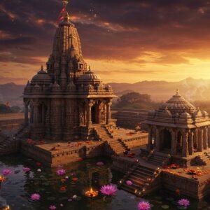 A majestic aerial view of two interconnected ancient Indian temples with intricate Nagara architecture against a dramatic sunset sky with deep oranges and purples. The larger temple (Sas) and smaller temple (Bahu) stand on an ornate platform, their spires reaching skyward, adorned with detailed stone carvings and sculptures in the Madhubani art style. The temples feature elaborate geometric patterns, floral motifs, and traditional Hindu iconography. A soft, ethereal golden light bathes the structures, highlighting their architectural details. In the foreground, stone steps lead up to the temples, with delicate lotus flowers floating in a reflecting pool. The scene is enhanced with glowing diyas, wisps of incense smoke, and scattered marigold flowers. The background shows mystical mountain silhouettes and floating mandalas in peacock blue and saffron. The overall composition combines photorealistic architectural details with surreal lighting and ethereal elements, rendered in a style that merges traditional Indian art with modern digital aesthetics.