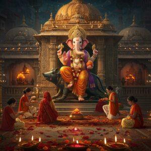A majestic, intricately detailed temple architecture in traditional Malwa style, with Lord Ganesha (four-armed, riding his mouse vahana) as the centerpiece, emanating a divine golden aura. The Ganesha idol holds modak in lower right hand, ankusha in upper right, pasha in upper left, and blessing mudra in lower left. The temple structure features ornate marble work with gold accents, decorated with traditional Malwa-style patterns and motifs. In the foreground, devotees in traditional Indori attire offer red flowers and modak. The scene is illuminated by hundreds of brass diyas creating a warm, ethereal glow. The background showcases a stylized cityscape of Indore with hints of local street food vendors and floating mandalas. The composition includes delicate details like incense smoke forming mystical patterns, peacock feathers, and scattered marigold petals. Art style merges hyperrealistic digital art with traditional Madhubani patterns, using a rich color palette of deep maroons, saffron, gold, and turquoise, with ethereal lighting effects creating a spiritual atmosphere.