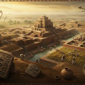 A majestic aerial view of a meticulously detailed Indus Valley city, featuring the iconic Great Bath of Mohenjo-daro in the center, rendered in rich earth tones and deep terracotta. The scene combines photorealistic archaeological elements with ethereal, golden light streaming through misty morning air. In the foreground, intricately carved stone seals featuring unicorns and script float mysteriously, their surfaces gleaming with metallic highlights. The city shows advanced urban planning with perfectly grid-like streets, sophisticated drainage systems visible through cross-sections, and standardized burnt brick architecture. Dancing water reflections from the Great Bath create mesmerizing patterns. The background showcases farmers tending to wheat fields using period-accurate bronze tools, while craftsmen work with copper and bronze. Decorated pottery with typical Indus Valley geometric patterns and a famous bronze dancing girl statue appear as ghostly, translucent elements in the corners. The composition uses a deep color palette of burnt sienna, copper green, and golden ochre, with subtle Madhubani-style decorative elements in the borders. The lighting creates a mystical, archaeological atmosphere with rays of sunlight illuminating dust particles in the air, suggesting both antiquity and discovery. Photorealistic style mixed with traditional Indian art elements, cinematic lighting, high detail, epic scale.