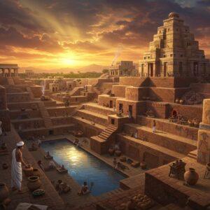 A grand, mystical aerial view of a meticulously detailed Indus Valley city at sunset, featuring the Great Bath of Mohenjo-daro in the center with pristine blue water reflecting golden light. The scene shows multiple levels of terraced architecture with precise brick layouts in warm terracotta tones. In the foreground, an elegantly dressed Indian priest wearing a white cotton robe performs a water ritual, while craftsmen work with bronze tools and pottery nearby. The background showcases busy trade streets with merchants carrying clay pots and copper tools. Intricate details include tiny carved seals featuring unicorns and bulls, dancing figures, and proto-Shiva motifs. The sky features dramatic clouds in deep oranges and purples, with beams of sunlight illuminating the ziggurat-like structures. The art style combines hyperrealistic architectural details with Madhubani-inspired patterns on the buildings' walls. Small smoke wisps rise from copper smelting furnaces, creating a mystical atmosphere. The scene is rendered in rich, deep colors - burnt sienna, lapis lazuli blue, and golden ochre, with careful attention to historical accuracy in clothing, architecture, and artifacts.