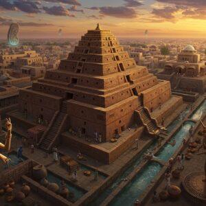 A majestic aerial view of a meticulously detailed Indus Valley city at sunset, featuring the iconic Great Bath of Mohenjo-daro in the center, with its perfectly engineered brick construction glowing in golden light. The scene seamlessly blends ancient and ethereal elements, with intricate Madhubani-style patterns floating in the air as luminous threads. The cityscape shows advanced grid-pattern streets, two-story houses with detailed brickwork, and sophisticated drainage systems visible through artistic cross-sections. In the foreground, a beautifully crafted bronze dancing girl statue comes alive, her bangles and necklaces shimmering with supernatural light. The background features merchants trading carnelian beads, lapis lazuli, and pottery along the dockyard. Sacred unicorn seals float as spiritual manifestations, their detailed engravings emitting a soft blue glow. Water flows through the ancient aqueducts, creating patterns that transform into traditional mandala designs. The color palette combines deep terracotta reds, indigo blues, and burnished bronze with ethereal gold and turquoise accents. The scene is rendered in a style merging photorealistic architectural details with surreal, spiritual elements, creating a dreamlike quality that bridges ancient wisdom with modern aesthetic sensibilities.