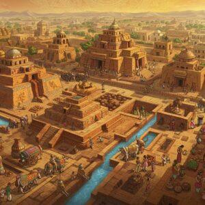 A majestic aerial view of a meticulously planned Indus Valley city, with perfectly aligned grid-pattern streets in warm terracotta tones, detailed with intricate Madhubani-style patterns. The scene showcases the Great Bath in the foreground with shimmering blue water, surrounded by burnt-brick architecture. To the right, artisans craft the iconic dancing girl bronze statue and unicorn seals. The left features advanced drainage systems with covered sewers rendered in detailed cross-sections. In the background, granaries tower with geometric precision, while merchants trade in copper, lapis lazuli, and carnelian. The sky features a subtle mandala pattern in gold and saffron hues. The scene is illuminated by a ethereal glow, combining hyperrealistic archaeological accuracy with traditional Indian art motifs. Decorated bull carts move through the streets, while women in traditional Indus Valley clothing carry water vessels. The color palette focuses on rich earthy browns, burnt sienna, peacock blue, and golden accents, with intricate Harappan symbols and patterns woven throughout the scene in a modern digital art style.