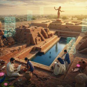 A breathtaking aerial view of an ancient Indus Valley city at golden hour, featuring the Great Bath of Mohenjo-daro in the center with pristine blue water reflecting the warm sunlight. Intricately detailed bronze and terracotta artifacts, including the Dancing Girl statue and unicorn seals, float ethereally around the scene. The architecture showcases precise grid-pattern streets with perfectly laid burnt bricks in rich earthy tones. Beautiful Indian scholars in contemporary professional attire (navy blue and cream) study holographic Indus script symbols that shimmer in the air. The scene is framed by blooming lotus flowers and peacock motifs in Madhubani style. Modern archaeological tools and ancient pottery seamlessly blend in the foreground. The lighting is dramatic with rays of sunlight filtering through, creating a mystical atmosphere. The color palette includes deep terracotta reds, azure blues, and burnished golds. The art style combines hyperrealistic architectural details with ethereal, digital elements, rendered in 8K quality. Subtle smoke effects add depth and mystery to the scene.