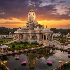 A majestic aerial view of Jagannath Temple Hyderabad at golden hour, featuring its distinctive white and gold shikhara tower rising against a dramatic sunset sky with soft orange and purple hues. The temple's intricate Kalinga architecture style is highlighted with detailed carvings and traditional Odisha-style architectural elements. The foreground shows a beautiful lotus pond reflecting the temple's image, surrounded by well-manicured gardens with blooming Indian flowers. Modern roads and pathways leading to the temple are illuminated with warm golden lights. Devotees in traditional Indian attire can be seen walking towards the temple. The scene is enhanced with floating diyas and lotus flowers in the water, creating a serene atmosphere. The art style combines hyperrealistic architectural details with ethereal lighting and Madhubani-inspired decorative elements in the sky. The composition includes subtle spiritual symbols like mandalas and peacock motifs integrated into the temple's architecture.