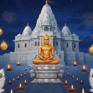 A serene night scene featuring Lord Mahavira in meditation pose on a silver lotus platform, wearing simple white dhoti, radiating divine golden aura. Behind him, a large ornate carved stone Jain temple with distinctive shikhara architecture in moonlit white marble. The temple features intricate geometric patterns and traditional Jain symbols. In the foreground, multiple layers of symbolic elements: white peacock feathers, floating ahimsa symbols, and delicate jasmine flowers. On either side, two modern young Indian people in contemporary clothing performing the Namaskar mudra. The composition includes floating diyas creating a path of light, with soft blue-white moonlight illuminating the scene. The background showcases a stylized representation of the Jain wheel of dharma in gold filigree work. Art style combines traditional Jain manuscript painting techniques with modern digital art, featuring rich details in gold, silver, and white, with subtle touches of blue and saffron. The scene emanates peace and spiritual depth while maintaining contemporary appeal.