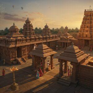 A serene aerial view of an ancient South Indian temple complex in Jamalapuram, featuring traditional Dravidian architecture with intricately carved gopurams in warm sandstone color. The temple courtyard shows modern guest houses with traditional architecture seamlessly integrated into the complex. In the foreground, a welcoming scene with Indian families in contemporary clothing entering through ornate temple gates. The scene is illuminated by golden evening sunlight, casting long shadows across the stone pathways. Modern amenities like well-lit parking areas and comfortable seating areas blend harmoniously with the traditional elements. Floating lotus flowers and subtle mandalas frame the scene. The color palette combines deep maroons, saffron yellows, and peaceful blues. The art style merges photorealistic architectural details with ethereal Madhubani-inspired patterns in the sky and surrounding landscape. Small oil lamps and modern lighting fixtures create a warm, inviting atmosphere. The overall composition suggests both spiritual significance and modern comfort.