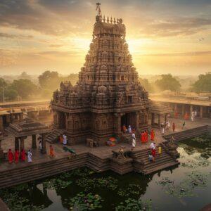 A majestic aerial view of Jamalapuram Temple at golden hour, with its distinctive stepped pyramid-style vimana tower glowing in warm sunlight. The temple's stone architecture features intricate Kakatiya-era carvings and sculptures in rich detail. In the foreground, a serene temple pond reflects the structure, surrounded by blooming lotus flowers. Devotees in traditional Indian attire circumambulate the temple, creating a sense of movement. The scene is enhanced with soft, ethereal light rays filtering through morning mist, illuminating the temple complex. Mandala patterns and traditional Indian motifs float subtly in the air. The color palette includes deep maroons, burnt orange, gold, and peaceful blue tones. The art style combines hyperrealistic architectural details with mystical, surreal lighting effects. Small oil lamps and incense smoke add atmosphere, while peacocks roam the temple grounds. The overall composition should be dramatic yet serene, showcasing both the temple's historical grandeur and its living spiritual essence.