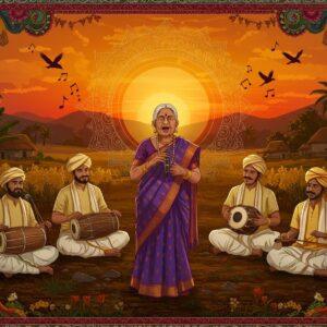 A vibrant rural Karnataka village scene at sunset with three generations of folk singers performing Janapada Geete, dressed in traditional Karnataka attire - women in colorful Ilkal sarees with characteristic border designs and men in white panche (dhoti) with Mysore peta (traditional headgear). The central figure is an elderly woman singing passionately, her weathered hands holding a tamburi instrument, surrounded by younger performers with traditional instruments like chowdike, tuntune, and tamate. Behind them, a stylized golden mandala merges with the setting sun, casting warm orange and deep red hues. The scene is framed by intricate Madhubani-style decorative patterns featuring peacocks, flourishing millet crops, and traditional Karnataka motifs. Floating musical notes transform into birds mid-flight. The background shows rolling hills of the Western Ghats with coconut palms and banana plantations. The art style combines hyperrealistic details with ethereal, dreamy elements, emphasizing rich earth tones (deep maroon, forest green, mustard yellow) with metallic gold accents. The lighting creates a magical atmosphere with soft glows around the performers.