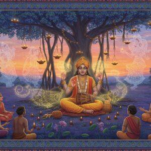 A mystical scene depicting an ancient Indian village storyteller in ornate golden-threaded dhoti and angavastram, sitting beneath a sprawling banyan tree adorned with glowing diyas. The storyteller's hands are animated in traditional mudras, creating ethereal, luminescent patterns in the air. Around him, translucent, watercolor-style figures from folk tales emerge from his storytelling - a peacock prince, celestial apsaras, and mythical creatures in rich jewel tones of sapphire, emerald, and ruby. Traditional Madhubani-style borders frame the scene, featuring intricate patterns of peacocks, lotus flowers, and geometric designs in gold and deep indigo. The background shows a dreamy sunset in soft pastels of peach and lavender, with floating sacred texts transforming into butterflies. Small groups of villagers in traditional attire sit in a semi-circle, their faces illuminated by the magical glow of the story. The overall composition combines surreal digital art with traditional Indian folk art elements, creating a seamless blend of ancient and modern aesthetics.
