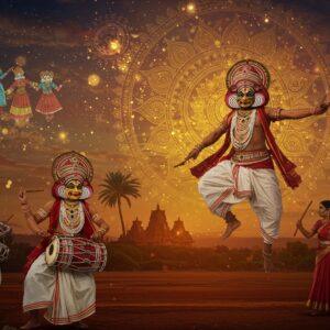 A vibrant scene of Karnataka folk life set in an ethereal twilight, featuring traditional Yakshagana performers in elaborate costumes and facial makeup performing against a massive golden mandala backdrop. In the foreground, a Dollu Kunitha dancer mid-leap with his decorated drum, wearing traditional white and red attire with peacock feathers. The scene includes intricate Kasuti embroidery patterns floating in the air like magical symbols. Multiple layers show different folk art forms - leather puppet artisans working with translucent Togalu Gombeyaata puppets that cast mystical shadows, women performing Kolata dance with colorful sticks adorned with jingling bells. The environment features typical Karnataka elements like red-soil landscape, areca palms, and temple architecture in silhouette. Soft glowing orbs of light illuminate the scene, while delicate patterns inspired by traditional Kaavi art flow through the composition. Art style merges hyperrealistic digital rendering with traditional Indian art motifs, using a color palette of deep maroons, mustard yellows, forest greens, and gold accents. The overall composition creates a dreamy, museum-like diorama effect.