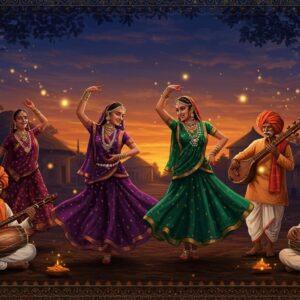 A dynamic scene of Indian folk dancers in mid-performance against a mystical twilight backdrop, their traditional ghagras and kurtas in vibrant jewel tones of deep purple, emerald green, and royal blue swirling with movement. The dancers' expressions show pure joy, adorned with traditional silver jewelry and anklets. In the foreground, musicians play authentic folk instruments - a woman with sindoor and bangles playing the dholak, an elderly man with a weathered face and white dhoti playing the ektara, and another with a colorful turban playing the flute. Intricate Madhubani-style border patterns frame the scene, featuring peacocks and lotus motifs in gold. Soft orbs of golden light float around them like fireflies. The background shows a village setting with mud houses decorated with warli art, merged with modern geometric patterns. The overall composition has a dreamy, ethereal quality with a gradient of deep orange to indigo in the sky. The art style combines traditional Indian folk art elements with contemporary digital aesthetics, high contrast lighting, and cinematic composition. Hyperealistic details in the jewelry, fabric textures, and musical instruments.