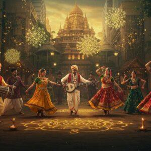 A vibrant street scene in modern Bangalore where traditional Janapada performers meet urban life - young Indian dancers in modernized folk costumes (bright yellows, deep reds, forest greens) performing alongside contemporary street dancers in urban wear. The backdrop features a stunning fusion of traditional Karnataka village architecture and modern skyscrapers, with intricate Madhubani-style patterns seamlessly blending into the glass facades. Golden light bathes the scene, creating dramatic shadows. Folk instruments like dollu and tamate rest against sleek DJ equipment. Ancient motifs and patterns from Karnataka folk art float as glowing, ethereal holograms in the air. The scene is captured in a dreamy, surreal style with rich, deep colors and golden accents. Multiple layers of dancers in motion blur create a sense of movement and energy. Traditional rangoli patterns on the street transform into modern geometric designs. The atmosphere combines the raw energy of folk tradition with the polish of contemporary urban culture. Hyper-detailed, cinematic lighting, photorealistic rendered in the style of modern fantasy concept art.