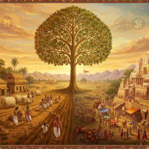 A majestic split-screen composition showcasing two contrasting ancient Indian landscapes - on the left, a humble Janapada village with mud houses, farmers tilling fields, and simple trade activities, rendered in earthy browns and greens; on the right, a grand Mahajanapada city with elaborate stone architecture, bustling marketplaces, and royal courts, depicted in rich golds and deep crimsons. In the center, a ornate golden tree grows upward, its branches morphing from simple wooden texture on the left to jewel-encrusted gold on the right, symbolizing evolution. The scene features authentically dressed ancient Indians - farmers and craftsmen in simple cotton dhotis on the left, contrasting with nobility in fine silks and jewelry on the right. The background incorporates Madhubani-style patterns with intricate borders featuring ancient Indian motifs, coins, pottery, and trade symbols. The lighting creates a warm, historical atmosphere with sun rays filtering through, highlighting key elements. The art style merges traditional Indian art with modern digital precision, emphasizing the historical transition from simple tribal states to complex kingdoms. A subtle mandala pattern in the sky unifies the composition, with mystical golden threads connecting both sides.