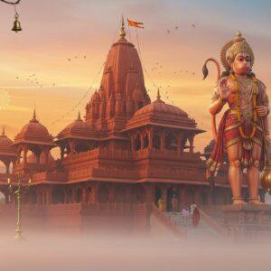 A majestic red-stone temple complex emerging from morning mist, its North Indian Nagara architecture style towering against a ethereal sunrise sky in soft oranges and pinks. The main spire adorned with intricate gold detailing rises prominently, while smaller ornate shikhars flank it symmetrically. A massive 108-feet statue of Hanuman stands guard, depicted in his powerful stance with his right hand raised in blessing and left hand holding his gada (mace). The statue features intricate Madhubani-style patterns in saffron and deep maroon. Floating lotus flowers and geometric mandalas in glowing gold encircle the temple. The foreground shows devotees in contemporary Indian attire ascending the grand marble stairs, their silhouettes creating a sense of scale. Soft rays of light filter through the morning haze, creating a divine atmosphere. The scene includes delicate details of bells, brass lamps, and flowing flags (jhandas) in deep red and saffron colors. Photorealistic digital art style with magical lighting effects, emphasizing both traditional architecture and modern spiritual atmosphere.