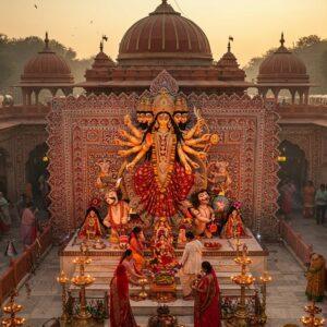An aerial view of the magnificent Jhandewalan Temple complex at dawn, with its distinctive red and gold domed architecture illuminated by soft morning light. The nine-headed Goddess Durga idol, adorned in a rich red and gold silk saree with intricate jewelry, positioned centrally with her weapons - trishul, sword, chakra, conch, bow, shield, damru, lotus, and mace in her eighteen hands. The temple courtyard features devotees in traditional Indian attire performing aarti with brass thalis containing diyas and flowers. Detailed Madhubani-style patterns decorate the temple walls, incorporating peacocks, lotuses, and geometric designs in deep maroon, saffron, and royal blue. Floating marigold garlands and incense smoke create a mystical atmosphere. The foreground shows the iconic steps leading to the temple, lined with brass bells and traditional oil lamps. The Delhi Metro line visible in the background, symbolizing modern accessibility. The scene captures both the spiritual grandeur and contemporary relevance with a dreamy, ethereal quality enhanced by soft golden lighting and subtle lens flares.