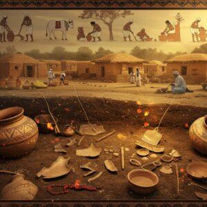 A detailed archaeological dig site in Maharashtra, illuminated by warm golden sunlight, showing ancient Jorwe pottery with distinctive black-on-red designs in the foreground. Indian archaeologists in modern attire delicately brushing earth from partially exposed artifacts. The scene features meticulously detailed Jorwe-style ceramic vessels, copper tools, and beads arranged in traditional Madhubani art style borders. The background showcases a reconstructed Jorwe settlement with mud-brick houses and granaries in earthy tones of terracotta and ochre. Ethereal, translucent overlays of daily life scenes from 1400-700 BCE float above: farmers with bull-drawn ploughs, potters crafting distinctive vessels, and women grinding grain. The composition includes intricate geometric patterns inspired by authentic Jorwe pottery designs, rendered in deep maroon and black. Soft, glowing orbs of light illuminate key artifacts. The overall scene is rendered in a fusion of hyperrealistic photography and traditional Indian art styles, with a color palette of rich earth tones, deep blacks, and burnished copper, creating a mystical connection between past and present.