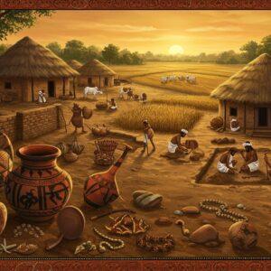 A detailed archaeological scene showing an ancient Indian settlement in warm earthen tones, featuring distinctive black-and-red pottery of Jorwe culture in the foreground. The pottery displays intricate geometric patterns and characteristic spouted vessels. In the center, skilled artisans wearing simple cotton garments work with copper tools, surrounded by well-planned mud-brick houses with thatched roofs. The background reveals agricultural fields with wheat cultivation and cattle grazing. The scene is illuminated by a golden sunset, creating dramatic shadows and highlighting the settlement's advanced architectural elements. Decorative elements include Madhubani-style border patterns and mandala motifs subtly integrated into the composition. The art style combines traditional Indian miniature painting techniques with modern digital art aesthetics, featuring rich ochre, terracotta, and deep indigo colors. Small details include copper ornaments, stone beads, and ritual objects scattered throughout the scene, with a mystical, ethereal glow emanating from the artifacts.