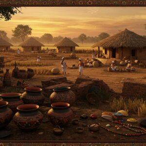 A meticulously detailed ancient Indian settlement scene at sunset, featuring distinctive Jorwe-style painted black-and-red pottery in the foreground, arranged in traditional patterns. The settlement showcases characteristic Jorwe mud-brick houses with thatched roofs arranged in a circular pattern. Indian artisans in period-accurate clothing work with copper tools and crafts. The background reveals agricultural fields with jowar and wheat crops, while cattle graze nearby. The scene is rendered in rich, deep colors of terracotta, burnished copper, and earthen browns, with intricate Madhubani-style decorative borders. Ethereal golden light bathes the scene, creating a mystical atmosphere. Archaeological artifacts like microliths, copper bangles, and beads are scattered artistically throughout. The composition integrates traditional Pattachitra art techniques with modern digital aesthetics, featuring detailed textures and sophisticated lighting effects. Soft, glowing mandalas hover in the sky, symbolizing the timeless nature of the culture. Style: photorealistic with magical realism elements, deep color saturation, cinematic lighting.