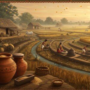 An ancient Indian village scene set in Maharashtra during the Jorwe period (1400-700 BCE), featuring farmers working in terraced fields with copper and bronze tools. In the foreground, detailed terracotta pottery with distinctive Jorwe black-on-red patterns stores grains. Traditional mud houses with thatched roofs line the background. The scene shows women grinding grain on querns while men plow fields with wooden implements. Rich, earthen colors dominate - deep browns, terracotta reds, and harvest golds. Domesticated cattle graze nearby, and fields of wheat and barley stretch into the distance. The lighting is warm and golden, suggesting sunset. Intricate Madhubani-style patterns frame the scene, incorporating ancient Jorwe pottery motifs. Ethereal golden particles float in the air, giving a magical quality. Small water channels for irrigation weave through the fields like silver ribbets. The art style combines hyperrealistic details with traditional Indian art elements, creating a seamless blend of historical accuracy and artistic beauty. The atmosphere is misty and dreamy, with soft glowing halos around the farming tools and pottery.