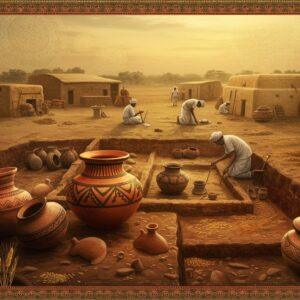 A detailed archaeological excavation scene in Maharashtra's Deccan plateau during golden hour, featuring ancient Jorwe pottery with distinctive red and black designs in the foreground. The pottery includes burnished black-on-red painted vessels, storage jars, and spouted vessels with geometric patterns. Indian archaeologists in traditional Indian attire carefully working with tools. The background shows a reconstructed Jorwe settlement with mud-brick houses, copper tools, and grain storage bins. The scene is rendered in rich earth tones - deep terracotta reds, burnished blacks, and warm browns. Intricate Madhubani-style border patterns frame the scene, incorporating traditional motifs of wheat stalks and pottery shapes. Ethereal golden light illuminates the scene, creating a mystical atmosphere. The style combines hyperrealistic archaeological details with traditional Indian art elements, featuring soft glowing highlights and intricate patterns. The composition includes delicate mandalas floating in the background, connecting ancient wisdom with spiritual symbolism. The lighting is dramatic with rays of sunlight filtering through dust particles, creating an atmospheric depth.