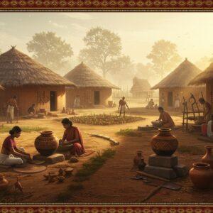 A photorealistic ancient Indian village scene set in 1500 BCE, featuring traditional Jorwe culture mud-brick houses with distinctive red ochre floors and bamboo-thatched roofs arranged in a circular pattern. The foreground shows detailed pottery artisans crafting iconic Jorwe black-and-red vessels with intricate geometric designs. The scene is illuminated by warm, golden sunlight, casting long shadows across the earthen pathways. Ancient tools, copper objects, and agricultural implements are scattered realistically throughout. Women in simple cotton wraps are grinding grain on stone querns while children play with terracotta toys. The background reveals carefully cultivated fields and granary structures. The art style combines hyperrealistic archaeological accuracy with ethereal lighting and rich, warm earth tones (terracotta, deep browns, burnt sienna). Intricate Madhubani-style decorative borders frame the scene, featuring traditional geometric patterns in gold and deep maroon. The atmosphere is misty and dream-like, with subtle particle effects suggesting ancient dust caught in rays of sunlight.