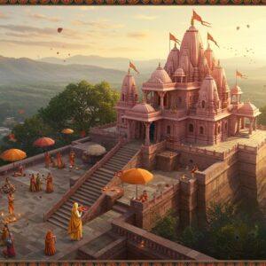 A serene aerial view of Barsana's sacred landscape at golden hour, showing the majestic hilltop Radha Rani Temple complex with its distinctive pink sandstone architecture and ornate spires. In the foreground, a young Indian female pilgrim in a pristine white and gold salwar kameez ascends the historic stone steps, carrying a small pooja thali with flowers and diyas. Traditional Rajasthani-style umbrellas in saffron and deep pink line the pathway. The scene is illuminated by soft, ethereal light creating a mystical atmosphere with subtle lens flares. Floating lotus petals and peacock feathers frame the composition. The background showcases the surrounding Vrindavan forests in muted greens and the distant hills in misty blues. Intricate Madhubani-style border patterns in gold and maroon weave through the scene. The artwork style combines hyperrealistic digital painting with traditional Indian art elements, featuring rich colors like deep saffron, royal blue, and gold. Small groups of devotees in traditional attire can be seen performing Raas Leela in the temple courtyard below.