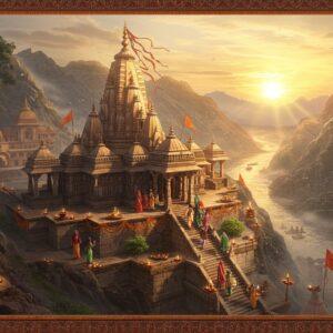 A majestic aerial view of the ancient Vindhyachal Temple complex nestled among the mystical Vindhya mountains at dawn, with golden sunrays filtering through misty clouds. The main temple spire rises prominently, adorned with intricate Indian architectural details and golden flags fluttering in the wind. In the foreground, a winding stone stairway leads up to the temple, lined with traditional oil lamps and marigold garlands. A group of devotees in traditional Indian attire (women in colorful sarees, men in kurtas) ascending the stairs. The scene includes sacred elements like the flowing Ganga river in the background, creating subtle reflections of the temple. The composition features rich colors - deep maroons, saffron, and peacock blue - with golden accents throughout. Ethereal spiritual energy is depicted through subtle glowing auras and floating lotus petals. The art style combines traditional Madhubani patterns in the borders with modern digital rendering, creating a surreal yet authentic atmosphere. The lighting should be dramatic with warm golden hues dominating the scene, while maintaining soft, mystical undertones.