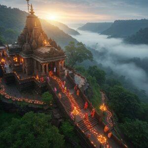 A majestic aerial view of Jyotiba Temple perched atop Panhala hills in Maharashtra, with winding stone steps leading to the temple, surrounded by lush green forests and misty mountains. The temple architecture features intricate Maratha-style carved pillars and a golden spire catching the morning sun rays. In the foreground, traditional oil lamps (diyas) illuminate the path, creating a warm golden glow. The scene includes devotees in traditional Maharashtrian attire (women in nauvari sarees, men in dhoti-kurta) climbing the steps. Scattered marigold and lotus flowers adorn the steps. The atmosphere is ethereal with soft morning mist rolling through the valleys below. The color palette includes deep maroons, forest greens, golden yellows, and misty blues. The artistic style combines traditional Pattachitra patterns in the temple details with modern digital art techniques, creating a dreamy, photorealistic quality. The lighting emphasizes the spiritual ambiance with soft rim lighting and god rays filtering through the morning mist.