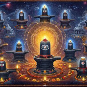 A mystical panoramic view of all 12 Jyotirlingas arranged in a sacred geometric mandala pattern, each emanating intense blue-white divine light reaching towards the cosmos. In the center, a massive ethereal Shiva lingam radiates golden spiritual energy. The lingams are surrounded by intricate Madhubani-style borders with traditional motifs in deep maroon and saffron. Each Jyotirlinga sits on an ornate lotus platform with temple spires visible behind them. Swirling cosmic energy patterns and celestial constellations in peacock blue and gold fill the background. Sacred ash, rudraksha beads, and floating marigold flowers add depth. The scene is illuminated by divine light streams and floating diyas. Incorporates elements from each temple's unique architecture - the snow-capped peaks of Kedarnath, the seaside setting of Somnath, the ancient stones of Bhimashankar. Art style merges hyperrealistic digital art with traditional Indian Pattachitra paintings. The mood is deeply spiritual and transcendent with a magical ethereal quality.