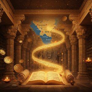 A majestic ancient Indian library setting with ornate Kadamba-style architecture, featuring tall carved pillars with distinctive mushroom-shaped capitals in gleaming sandstone. In the foreground, an ethereal, glowing scroll unfurls, decorated with intricate Kadamba-era patterns and motifs in gold and deep blue. The background shows a stylized map of Karnataka with Banavasi marked prominently, rendered in traditional Madhubani art style with peacock blue and saffron hues. Ancient manuscripts and copper plates float in a spiral pattern, each emanating a soft golden light. Iconic Kadamba coins with their dynasty symbol shimmer in the corners. The scene is illuminated by floating oil lamps creating a mystical atmosphere. A translucent figure of a Kadamba scholar in royal dress appears as if emerging from the ancient texts, wearing the distinctive tall crown typical of Kadamba rulers. The entire composition is framed by architectural elements from the Madhukeshwara Temple, rendered in a combination of hyperrealistic and surreal styles, with floating lotus flowers and geometric mandalas adding spiritual depth. The lighting is warm and golden, creating an atmosphere of ancient wisdom and scholarly pursuit.
