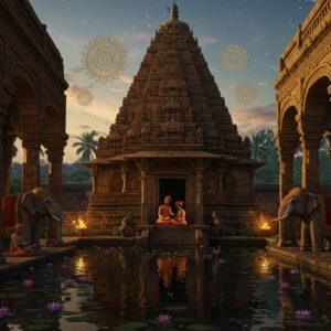 A majestic ancient Indian palace complex in Kadamba architectural style, featuring distinctive stepped pyramid towers adorned with intricate Madhubani-style patterns in gold and deep maroon. The central tower rises against a mystical twilight sky with floating golden mandalas. In the foreground, a serene reflecting pool mirrors the architecture, surrounded by blooming lotus flowers in peacock blue and saffron. Two detailed stone elephants guard the entrance, their decorative coverings featuring traditional Kadamba motifs. Ancient scholars in traditional Indian attire are depicted studying palm leaf manuscripts under ornate stone pillars. The scene is illuminated by warm, ethereal light creating dramatic shadows on the carved walls. Intricate details include period-accurate musical instruments, copper plate inscriptions, and traditional jewelry designs. The composition combines photorealistic texturing with surreal lighting effects, emphasizing the dynasty's grandeur through a modern aesthetic lens. The overall color palette features rich golds, deep browns, and royal blues, with hints of emerald green in the surrounding vegetation.