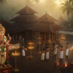 A majestic aerial view of an ancient Kerala-style temple complex with traditional copper-plated roofs and white-washed walls, surrounded by lush coconut groves and banyan trees. The main shrine features ornate wooden architecture with intricate Malayali-style carvings. In the foreground, a serene Devi idol in traditional Kerala temple style, adorned with fresh jasmine garlands and traditional Kerala temple jewelry, emanating a divine golden aura. The goddess holds a lotus in her right hand and displays the abhaya mudra with her left. Traditional brass vilakku (lamps) illuminate the scene with warm, golden light. Devotees in traditional Kerala attire (women in off-white Kerala sarees with golden borders, men in white mundus) perform circumambulation. The scene is captured during sunrise, with mystical rays filtering through morning mist, creating a ethereal atmosphere. Smoke from ritual fires and incense creates a mystical layer, with traditional Kerala percussion instruments visible in the corner. Art style combines hyperrealistic digital painting with traditional Malayali temple art influences, emphasizing golden hues and warm lighting. The overall composition suggests both divinity and accessibility, with rich cultural details and spiritual symbolism.