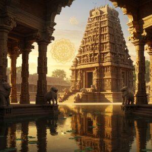 A majestic stone temple complex in Kakatiya architectural style, featuring a towering gopuram adorned with intricate carvings of celestial dancers and warriors in traditional Kakatiya dress. The temple structure reflects in a pristine thousand-pillar mandapa, with ornate stellar-shaped bases and bell-shaped capitals. The scene is bathed in golden sunset light, creating dramatic shadows that highlight the detailed sculpture work. In the foreground, beautifully carved stone elephants and lions stand guard, their surfaces adorned with traditional Telugu-style geometric patterns. Floating mandalas and sacred geometry patterns in glowing gold overlay the scene. The temple walls showcase elaborate relief work depicting scenes from Puranas and daily life of the Kakatiya period. The surrounding landscape includes stepped tank structures with lotus flowers, characteristic of Kakatiya water architecture. The art style combines traditional Indian Pattachitra techniques with modern digital aesthetics, using a rich color palette of deep sandstone browns, royal blues, and warm golds. Ethereal light streams through the pillars, creating a mystical atmosphere. The scene is captured in a cinematic wide-angle view, emphasizing the grandeur and scale of the architecture.