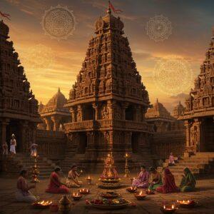 A majestic temple complex in Kakatiya architecture style with intricate carvings and towering gopurams, illuminated by golden sunset light. In the center, three distinct shrines represent Hindu, Jain, and Buddhist traditions - a Shiva temple with thousand-pillar mandapa, a serene Tirthankar statue in padmasana, and a Buddhist stupa with carved reliefs. Indian devotees in 12th-century Kakatiya-era clothing perform rituals. The scene features detailed stone sculptures of dancing apsaras, warriors, and mythological creatures on temple walls. Floating mandalas and sacred geometric patterns hover in the air, glowing with ethereal light. The foreground shows ritual offerings - butter lamps, flower garlands, and incense. The color palette includes deep maroons, burnt orange, gold leaf highlights, and peaceful blues. Ornate lotus motifs and traditional Kakatiya dynasty symbols are woven throughout. The art style merges hyperrealistic architectural details with ethereal, mystical elements in Madhubani and Pattachitra styles. The lighting creates dramatic shadows while highlighting the intricate stone carvings and metalwork.