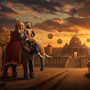 A majestic scene depicting the Thousand Pillar Temple of Warangal at sunset, with its intricate architecture rendered in rich gold and deep red sandstone tones. In the foreground, a powerful Kakatiya warrior king stands atop an ornate elephant adorned with royal regalia and traditional decorations. The warrior wears period-accurate armor with intricate patterns, holding a gleaming sword and shield bearing the Kakatiya dynasty's emblematic double-headed eagle symbol. Behind him, the iconic Warangal Fort's gates and walls stretch across the horizon, with its distinctive circular structure and four ornamental toranas visible. The scene includes detailed architectural elements like stepped water tanks, carved pillars, and temple spires. Floating medallions showcase classical Kakatiya motifs and sculptures. The sky features a dramatic composition of clouds in deep oranges and purples, with rays of golden light illuminating the scene. The overall style combines traditional Indian Miniature painting techniques with modern digital art aesthetics, emphasizing the grandeur and cultural richness of the Kakatiya era. In the background, artisans can be seen working on temple sculptures and metalwork, highlighting the dynasty's patronage of arts.