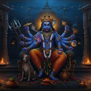 A majestic night scene depicting Lord Kal Bhairav in his fierce form, eight-armed, seated on a throne with his loyal dog companion at his feet. He holds a damaru, trishul, sword, and khatvanga in his right hands, while his left hands carry a skull cup (kapala), shield, drum, and noose. His face shows intense expression with three eyes, adorned with a serpent around his neck and crescent moon in his matted hair. The temple architecture behind him features intricate Malwa-style carved pillars and domes with golden accents. Mystical blue smoke rises from ritual fires, while oil lamps create dramatic shadows. The foreground shows traditional offering plates with flowers and liquor vessels. The scene is rendered in deep midnight blues, burning oranges, and metallic golds, combining traditional Madhubani patterns in the borders with modern digital art techniques. Ethereal mandala patterns float in the atmosphere, creating a supernatural aura. The lighting focuses on the deity's face with a divine glow while maintaining the mysterious darker tones of the surrounding temple complex.