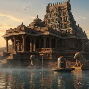 A majestic ancient temple complex emerging from morning mist, with intricate Kakatiya-style architecture, featuring a towering shikhara adorned with detailed stone carvings of Hindu deities. The main entrance features ornate pillars with traditional Telangana motifs and sculptures. The foreground shows a serene Shiva lingam partially submerged in the sacred Godavari River, with crystal-clear water reflecting golden sunrise. Two stone Nandi statues guard the entrance, their details enhanced by dramatic lighting. The scene includes floating lotus flowers, traditional oil lamps, and subtle smoke from incense creating a mystical atmosphere. The color palette combines deep maroons, rich golds, and cool greys of stone architecture. Architectural details show influence of both Chalukyan and Kakatiya styles with geometric patterns and floral motifs. The entire scene is rendered in high-detail digital art style, merging traditional Pattachitra art elements with modern photorealistic textures. Soft morning light creates dramatic shadows highlighting the temple's architectural features, with a subtle golden glow surrounding the structure.
