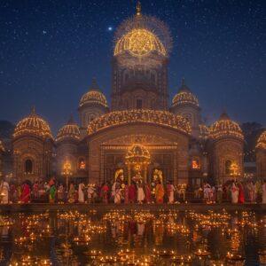 A majestic night scene of the Kalighat Kali Temple illuminated by hundreds of earthen lamps and golden lights, with the main temple spire rising dramatically against a deep indigo sky filled with stars. In the foreground, a serene lotus pond reflects the temple's lights, with floating diyas creating golden patterns on the water. The temple architecture features intricate Bengali-style curved roof lines and ornate details rendered in a blend of Madhubani and digital art styles. Ma Kali's sacred yantra appears as a subtle, glowing mandala in the sky behind the temple. Devotees in traditional Bengali attire (red-bordered white sarees for women, dhoti-kurta for men) are shown performing aarti with brass lamps, creating a warm golden glow. The scene is adorned with sacred elements like red hibiscus flowers, copper bells, and swirling incense smoke. The color palette focuses on deep midnight blues, burning golds, vermillion reds, and sacred blacks, with atmospheric fog adding mystery. The overall composition combines photorealistic temple architecture with ethereal spiritual elements, creating a harmonious blend of the physical and metaphysical realms.